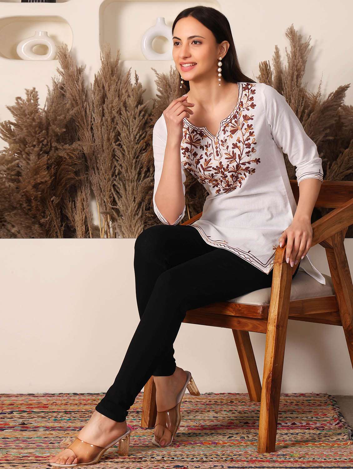 women solid with work notch neck straight kurti - 22385310 -  Standard Image - 5