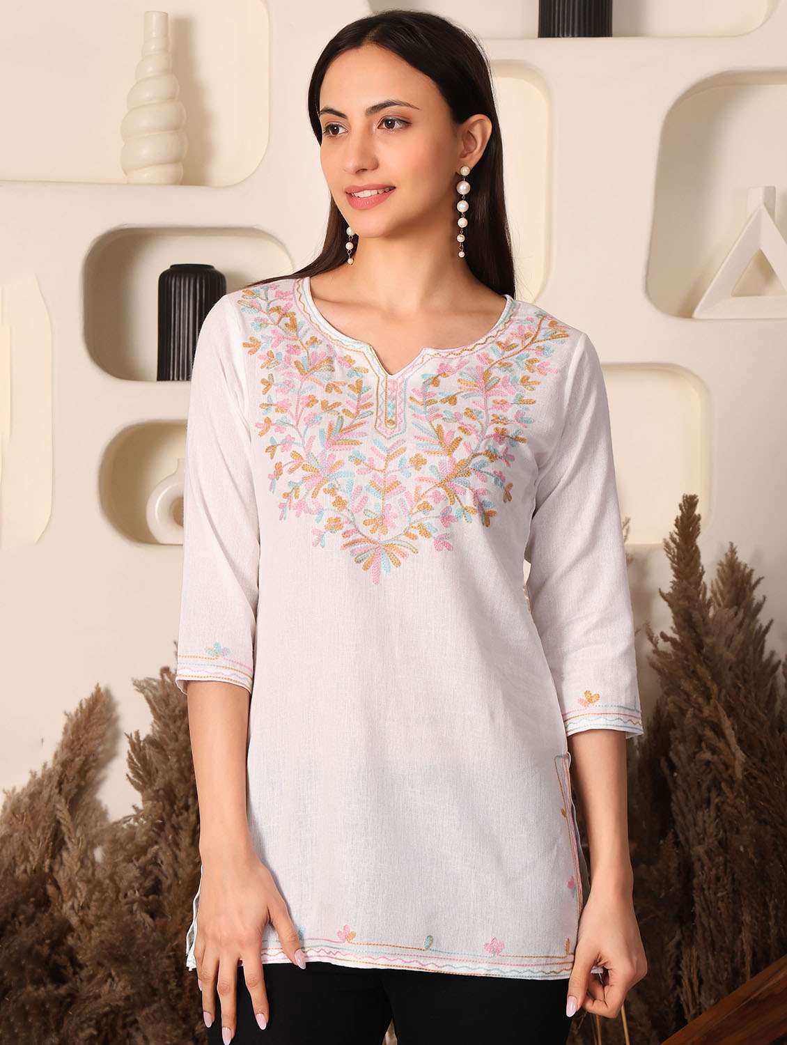 women solid with work notch neck straight kurti - 22385311 -  Standard Image - 3