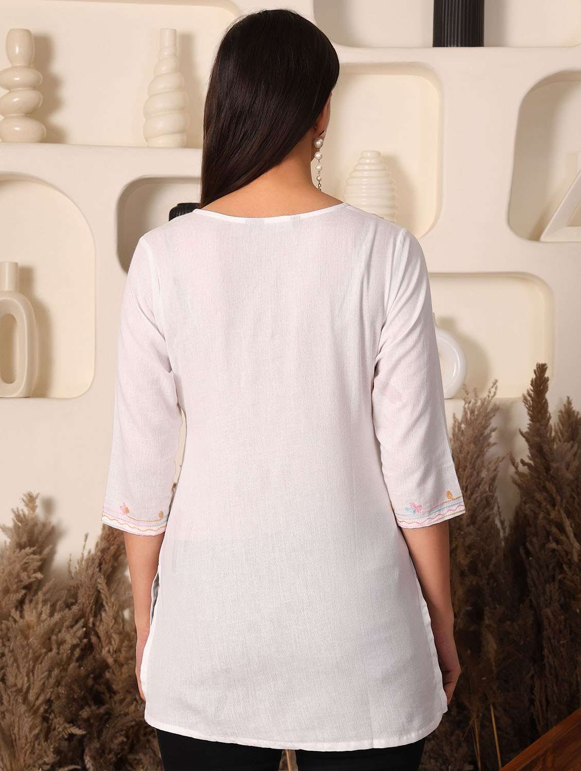 women solid with work notch neck straight kurti - 22385311 -  Standard Image - 5