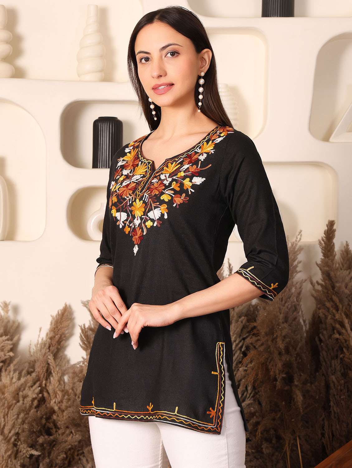 women solid with work notch neck straight kurti - 22385314 -  Standard Image - 3