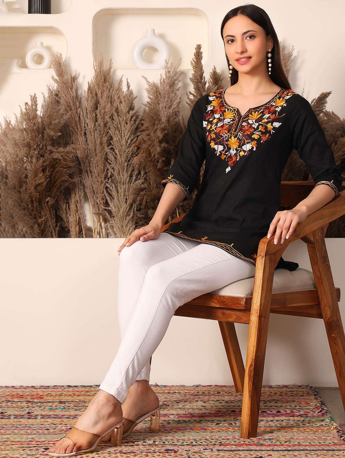 women solid with work notch neck straight kurti - 22385314 -  Standard Image - 5