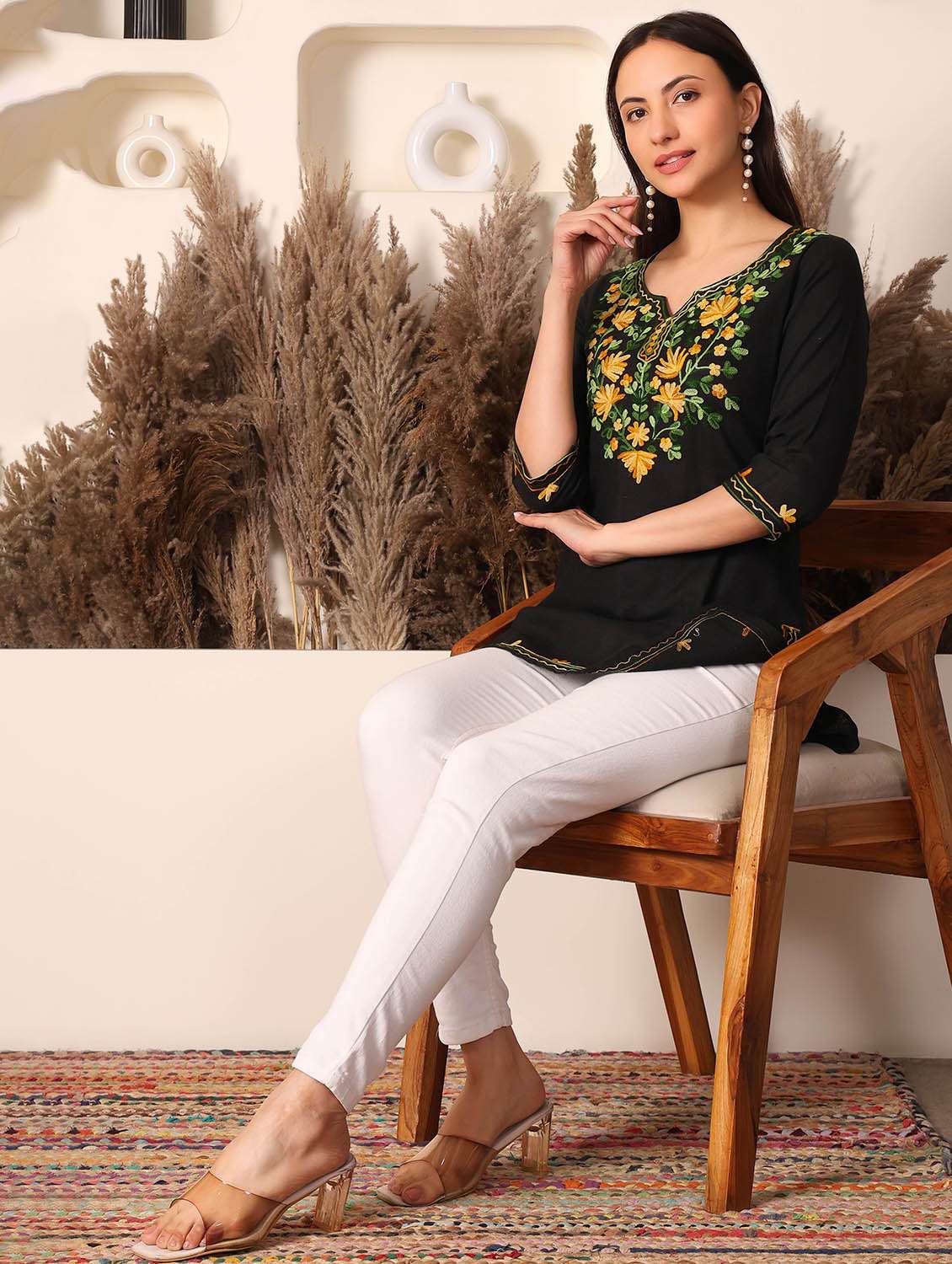 women solid with work notch neck straight kurti - 22385315 -  Standard Image - 5