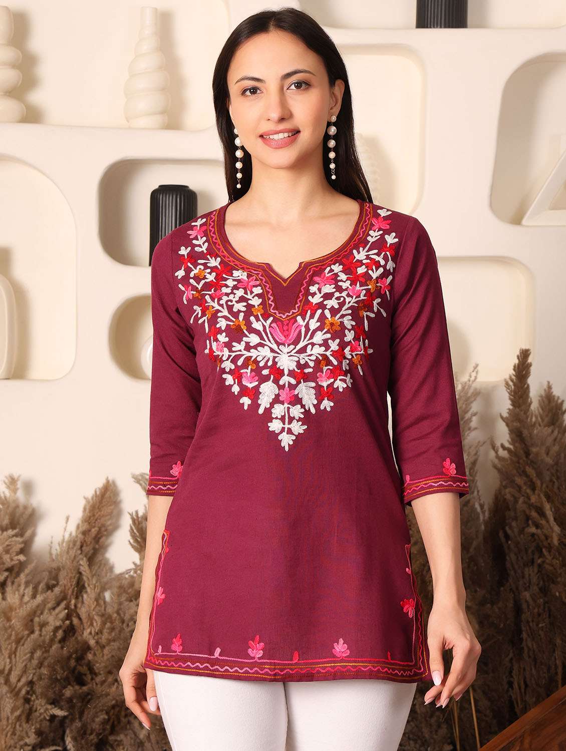 women solid with work notch neck straight kurti