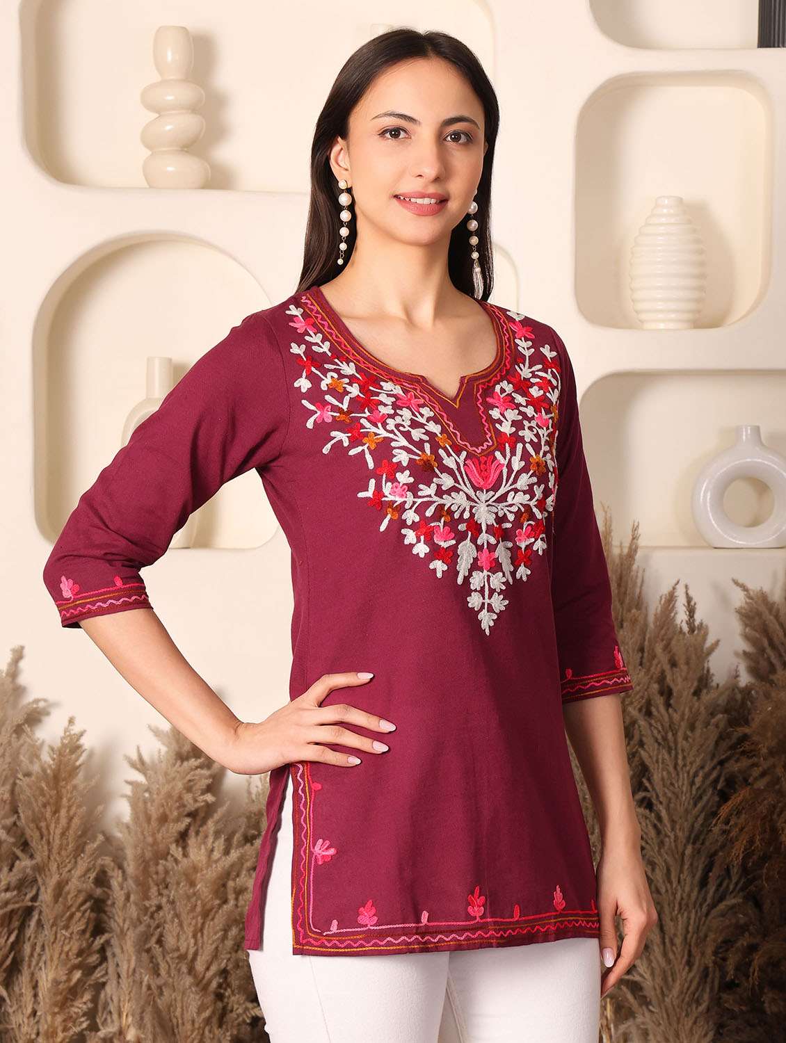 women solid with work notch neck straight kurti - 22385316 -  Standard Image - 3