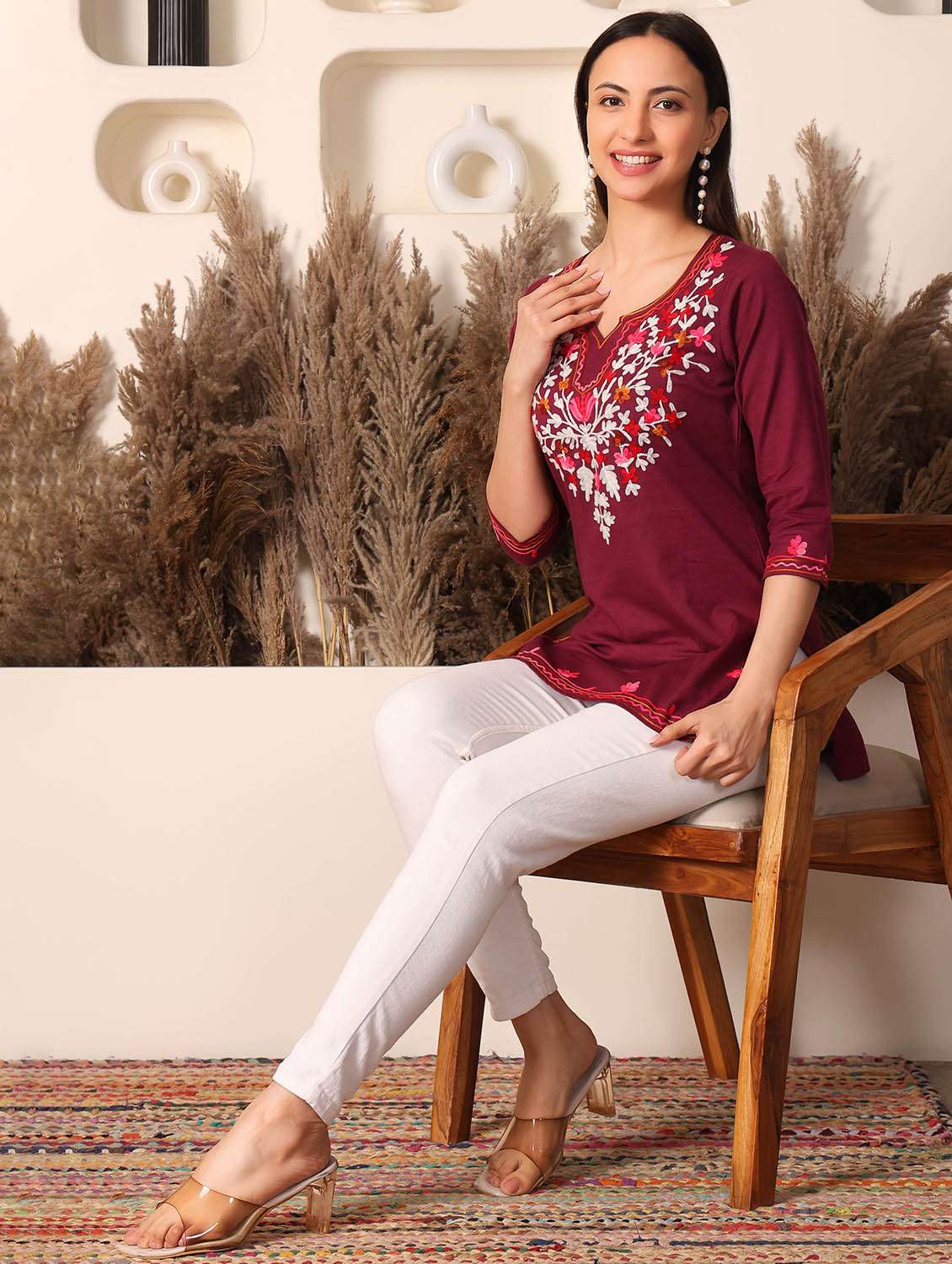 women solid with work notch neck straight kurti - 22385316 -  Standard Image - 5
