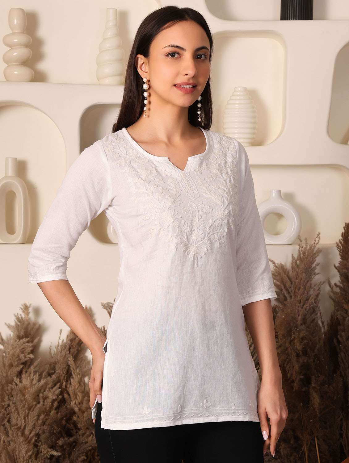 women solid with work notch neck straight kurti - 22385317 -  Standard Image - 3