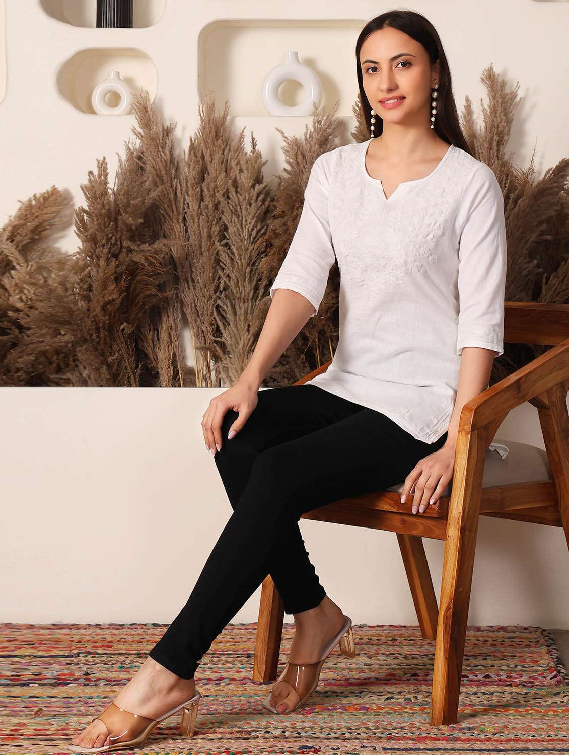 women solid with work notch neck straight kurti - 22385317 -  Standard Image - 5