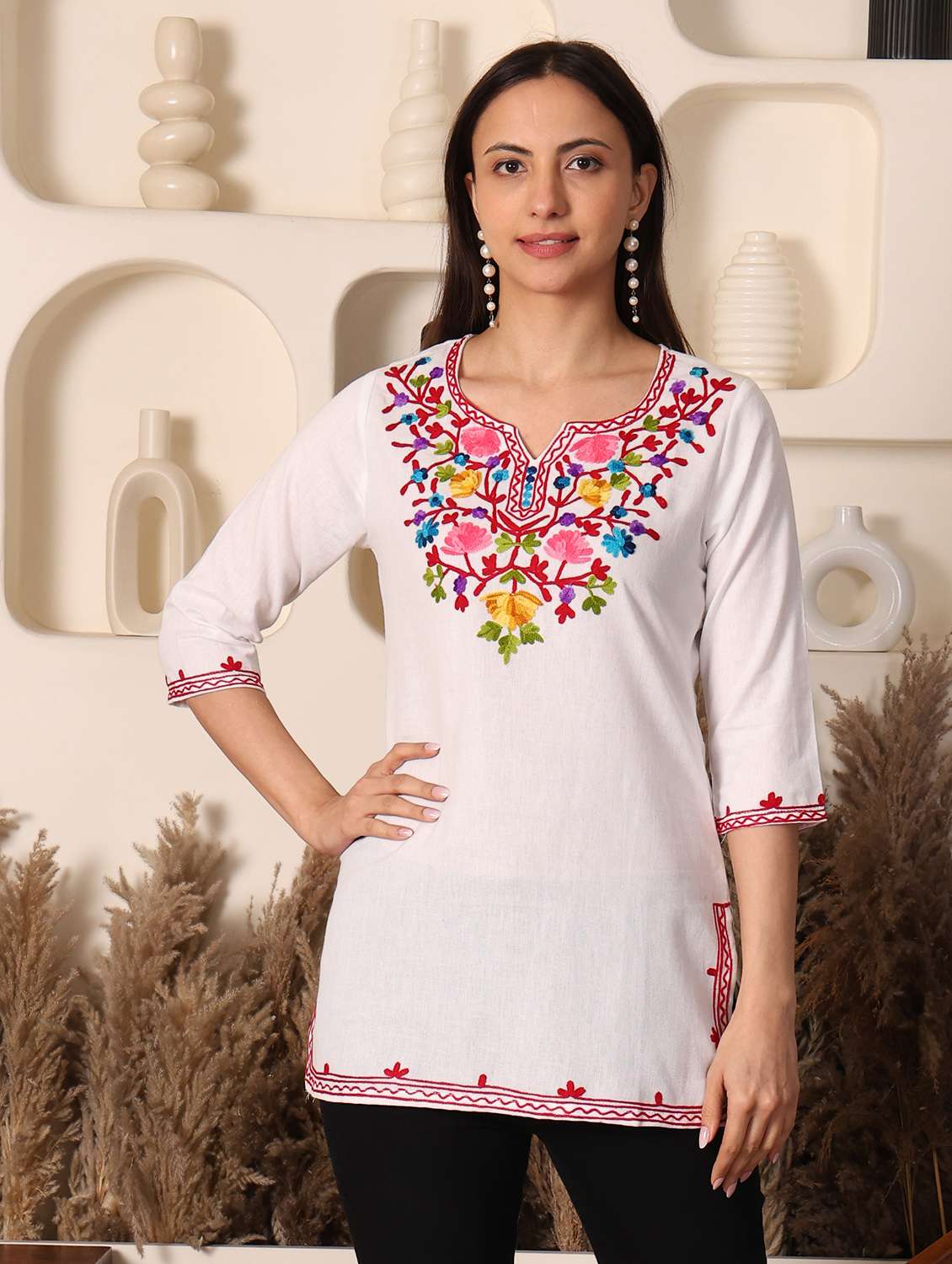 women solid with work notch neck straight kurti