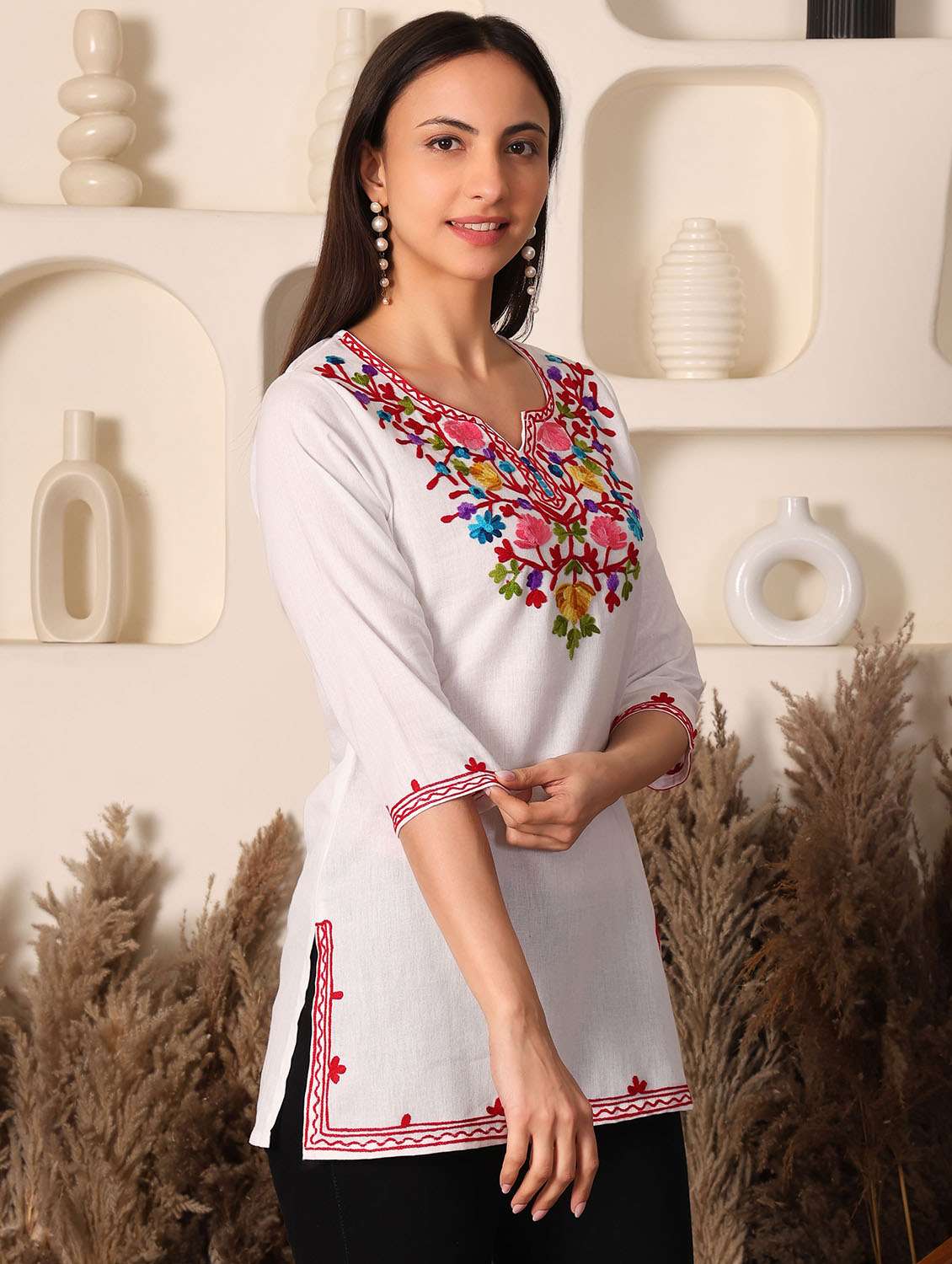 women solid with work notch neck straight kurti - 22385318 -  Standard Image - 3