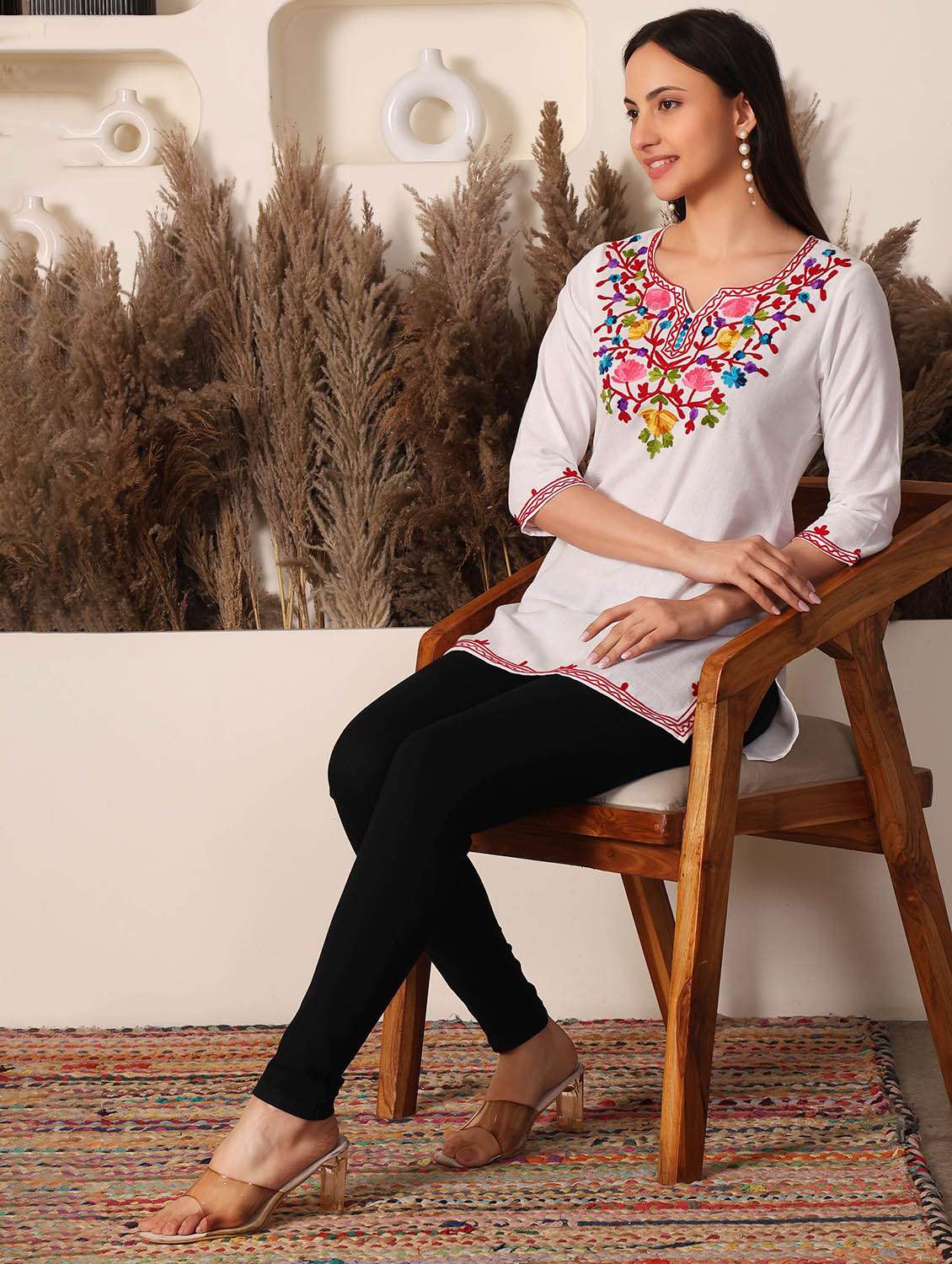 women solid with work notch neck straight kurti - 22385318 -  Standard Image - 5