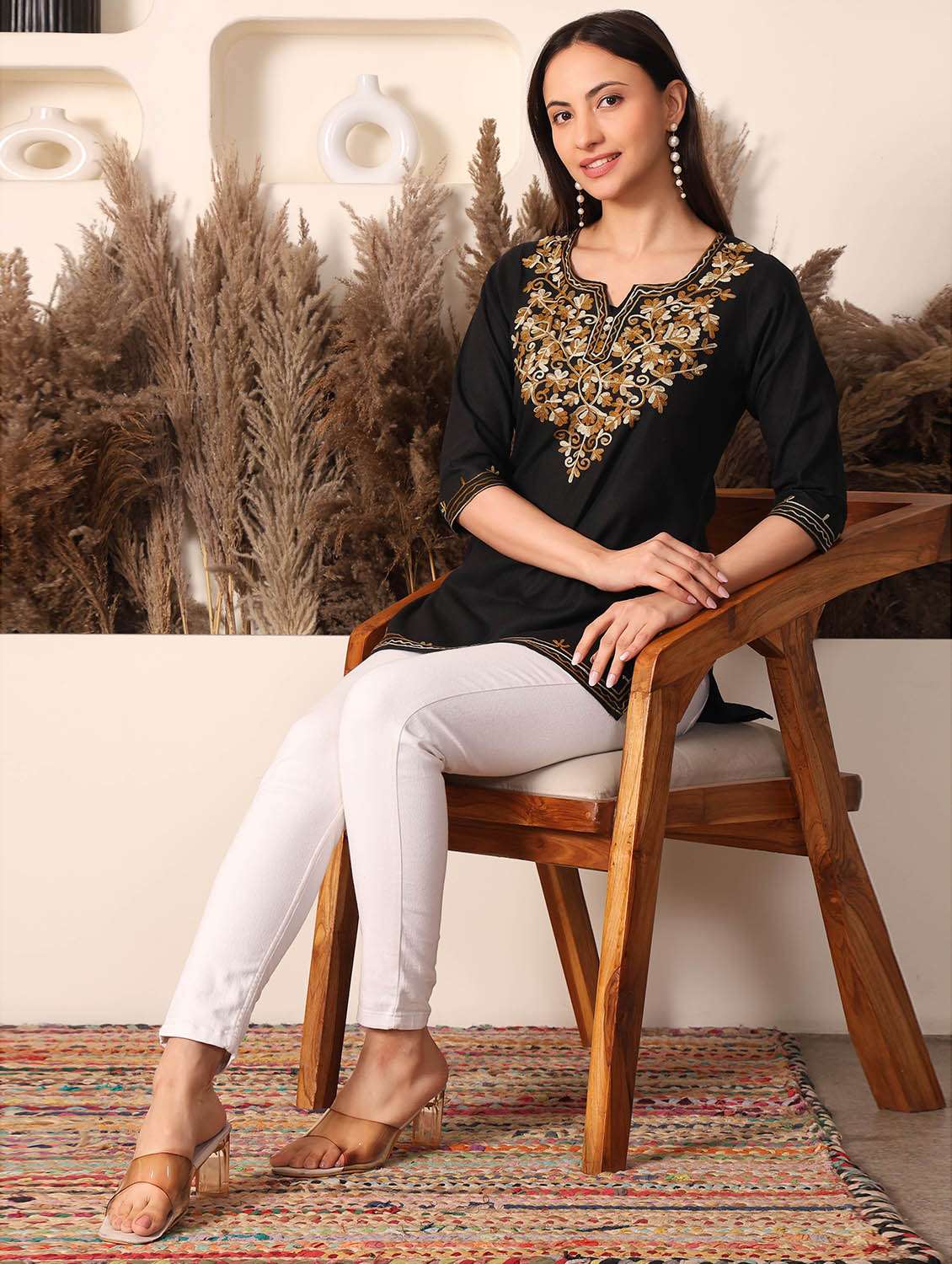 women solid with work notch neck straight kurti - 22385320 -  Standard Image - 5
