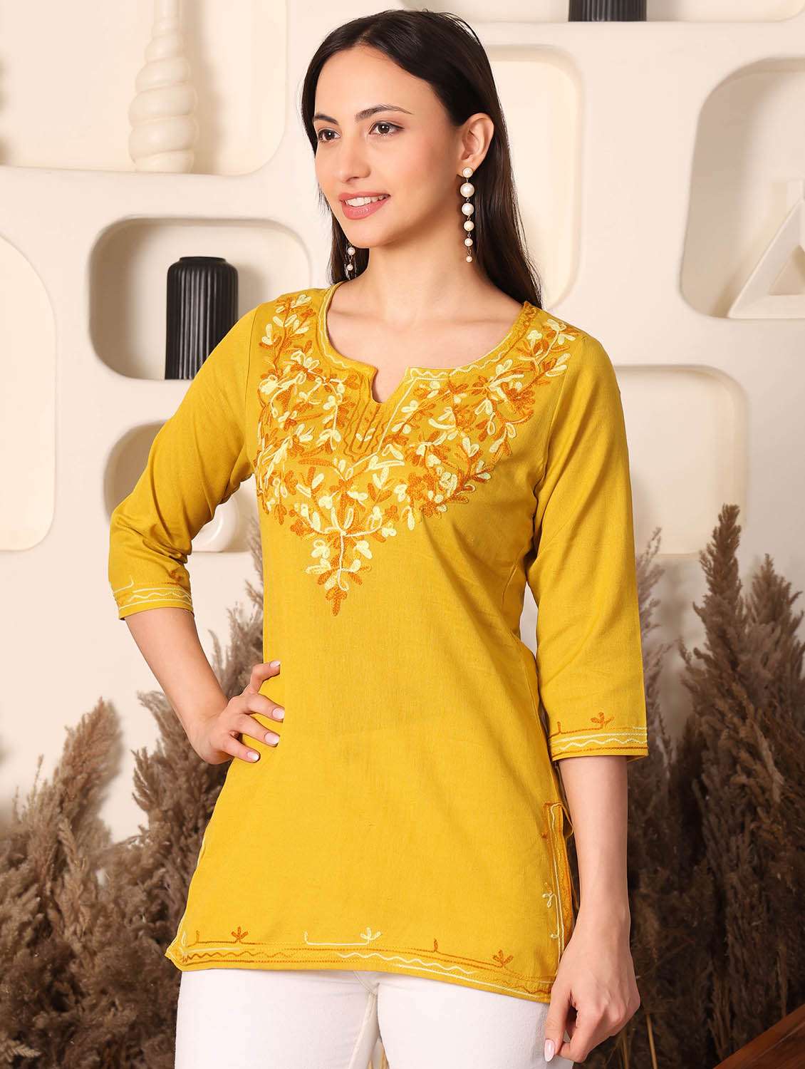women solid with work notch neck straight kurti - 22385321 -  Standard Image - 3