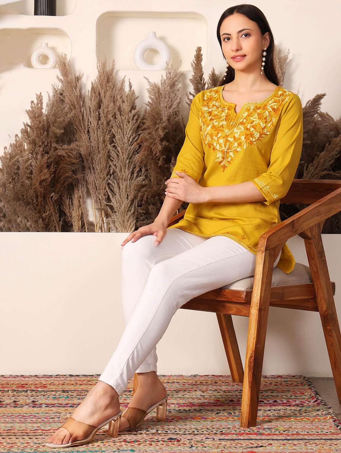 women solid with work notch neck straight kurti - 22385321 -  Standard Image - 5