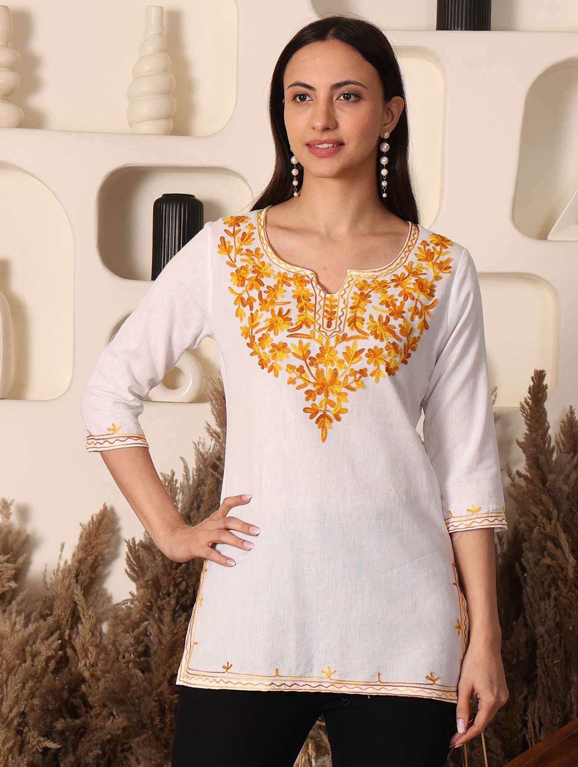 women solid with work notch neck straight kurti - 22385322 -  Standard Image - 3