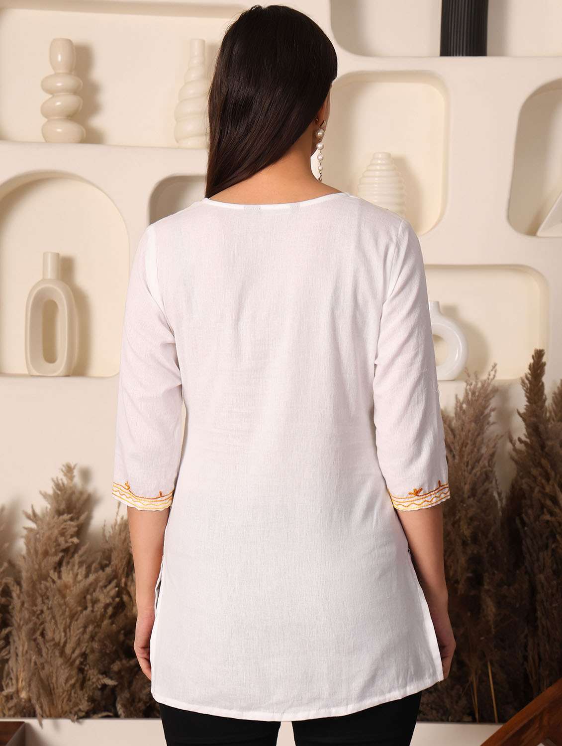 women solid with work notch neck straight kurti - 22385322 -  Standard Image - 5