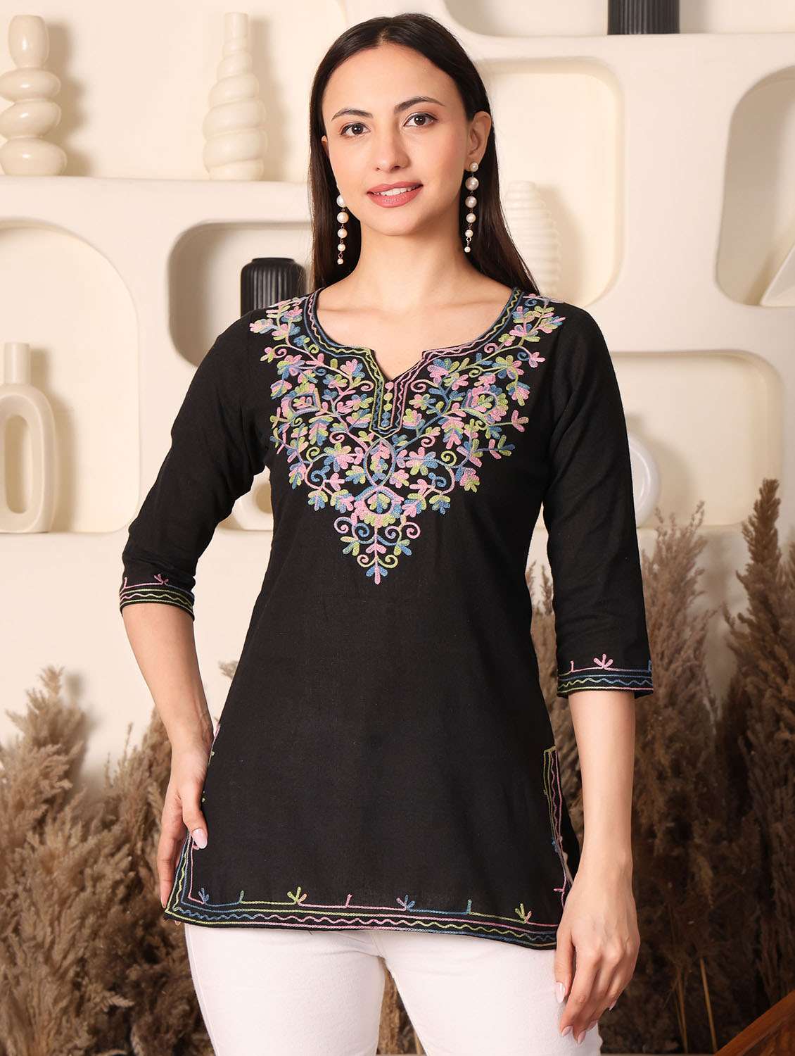 women solid with work notch neck straight kurti