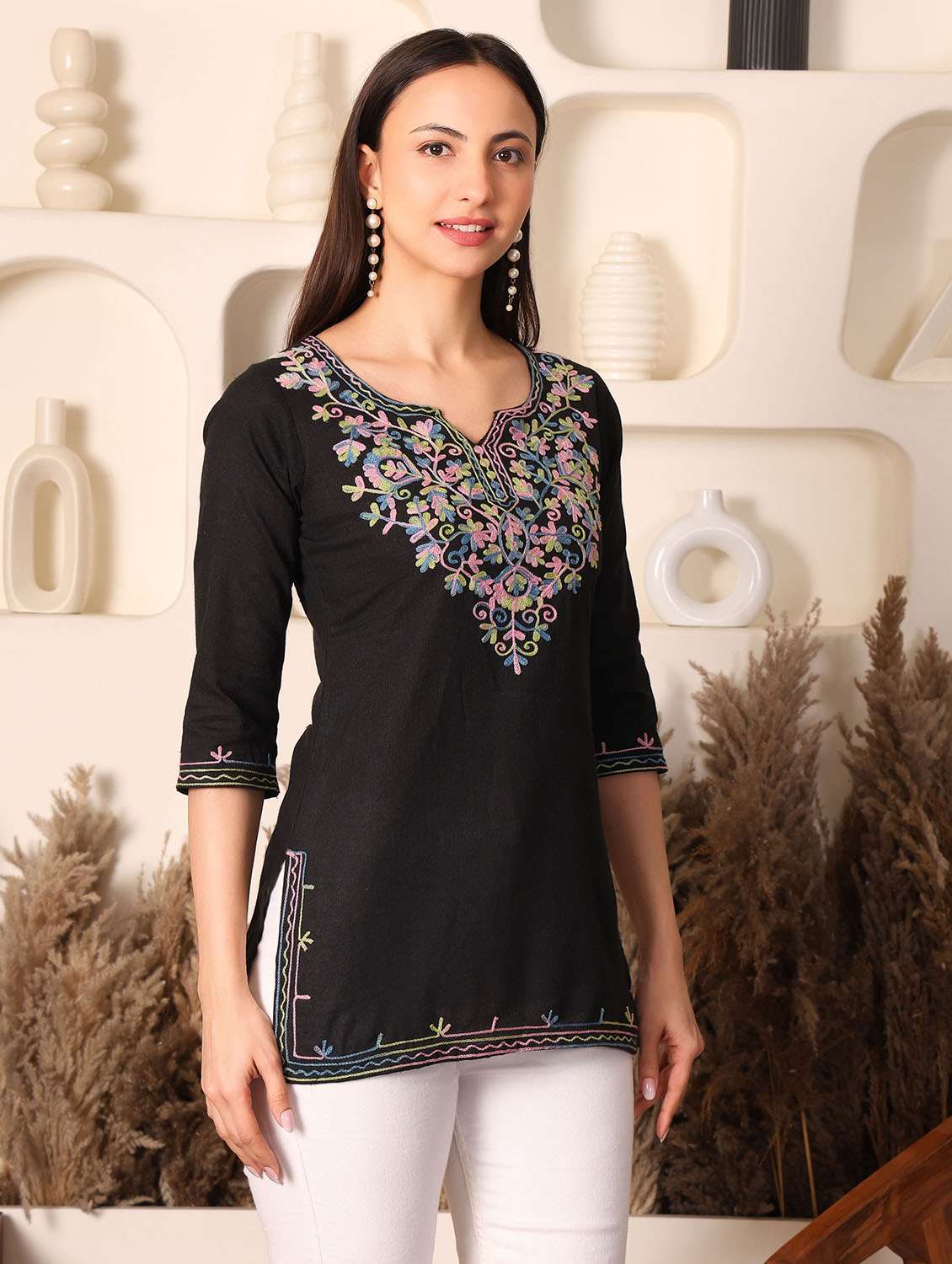 women solid with work notch neck straight kurti - 22385323 -  Standard Image - 3