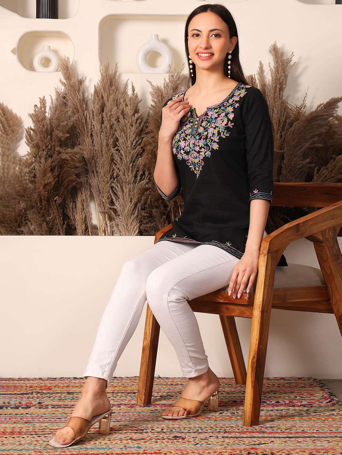 women solid with work notch neck straight kurti - 22385323 -  Standard Image - 5