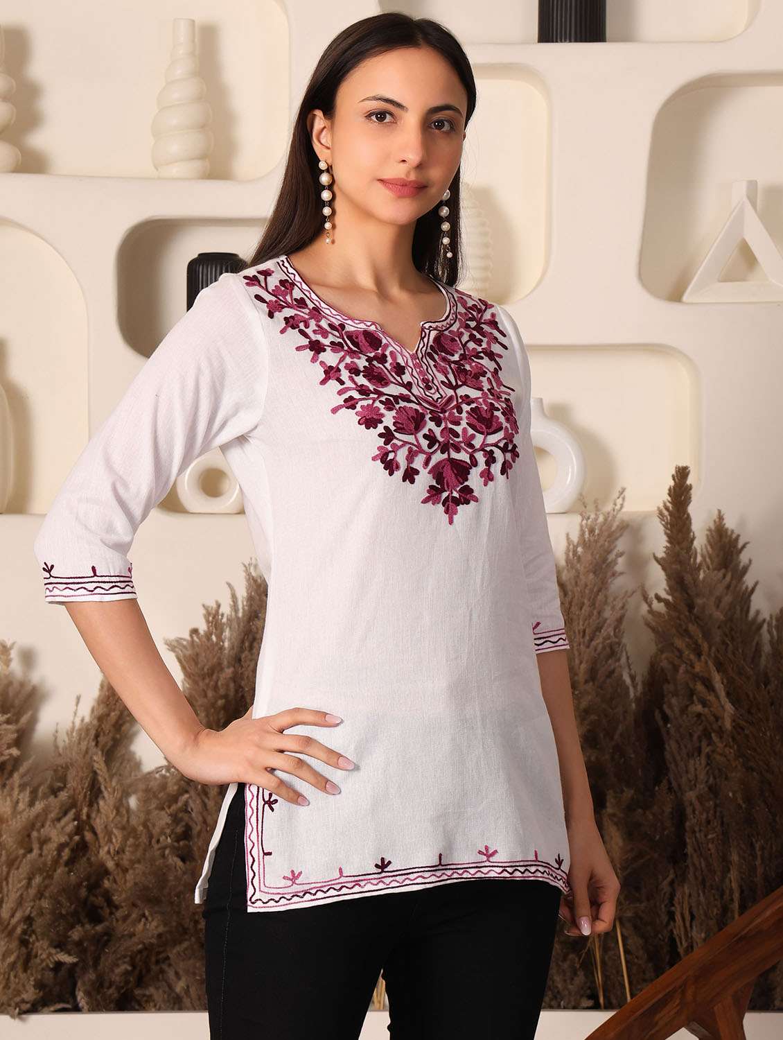 women solid with work notch neck straight kurti - 22385324 -  Standard Image - 3