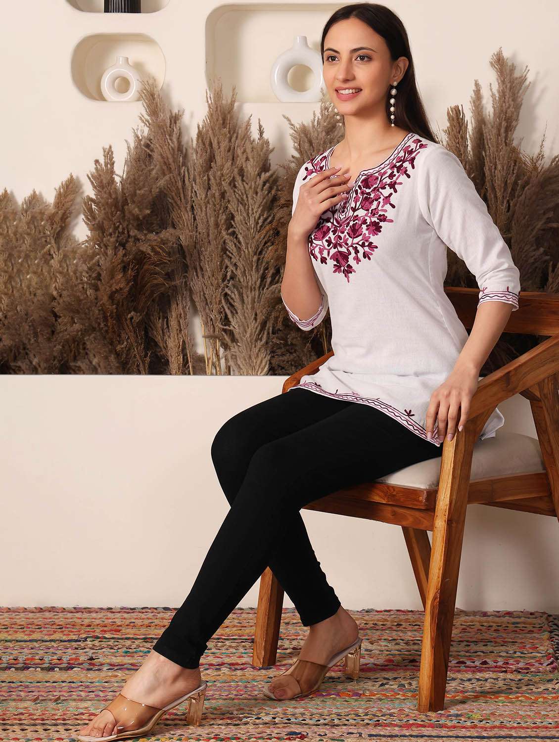 women solid with work notch neck straight kurti - 22385324 -  Standard Image - 5