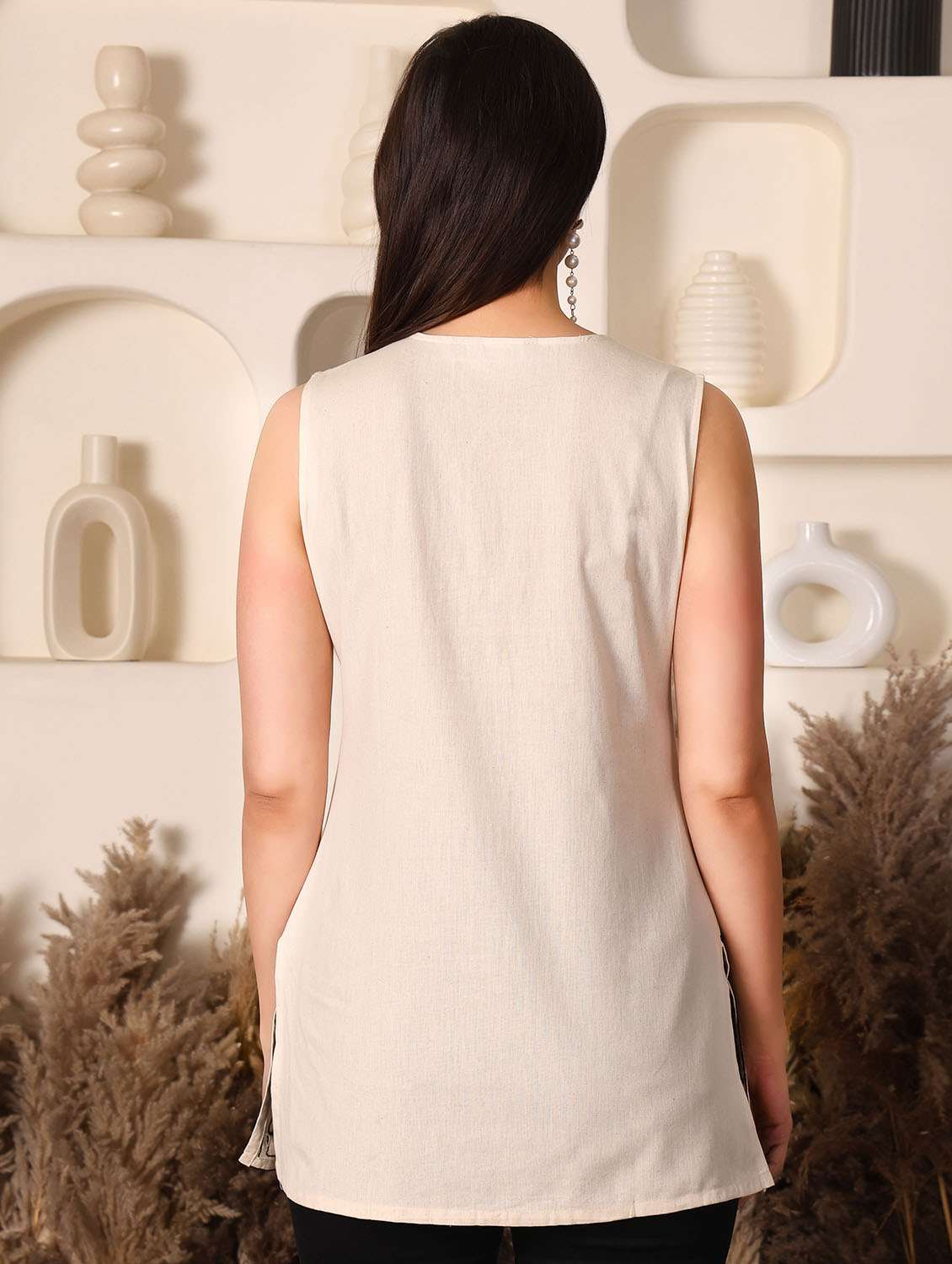 women solid with work notch neck straight kurti - 22385325 -  Standard Image - 5