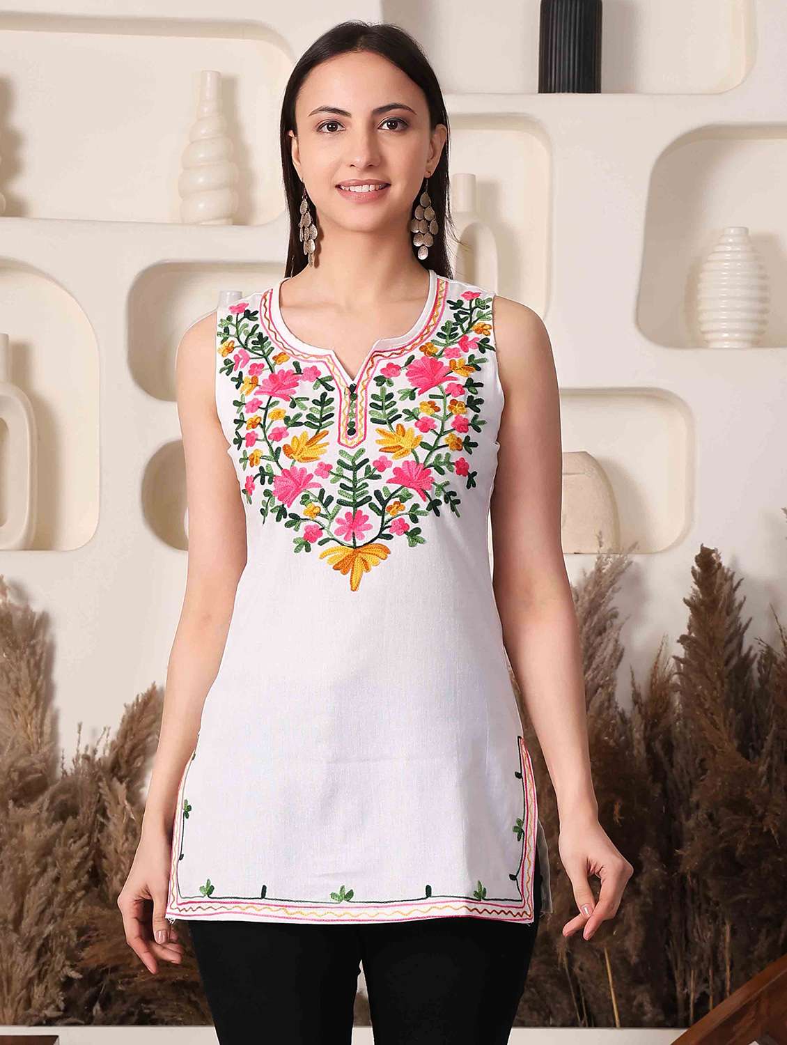 women solid with work notch neck straight kurti