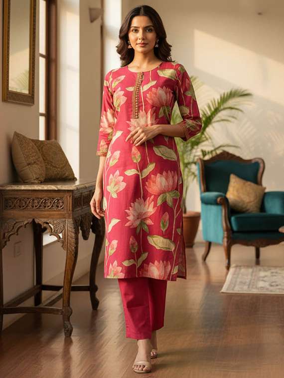 women printed three quarter sleeve kurta and pant set
