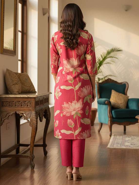 women printed three quarter sleeve kurta and pant set - 22385336 -  Standard Image - 3