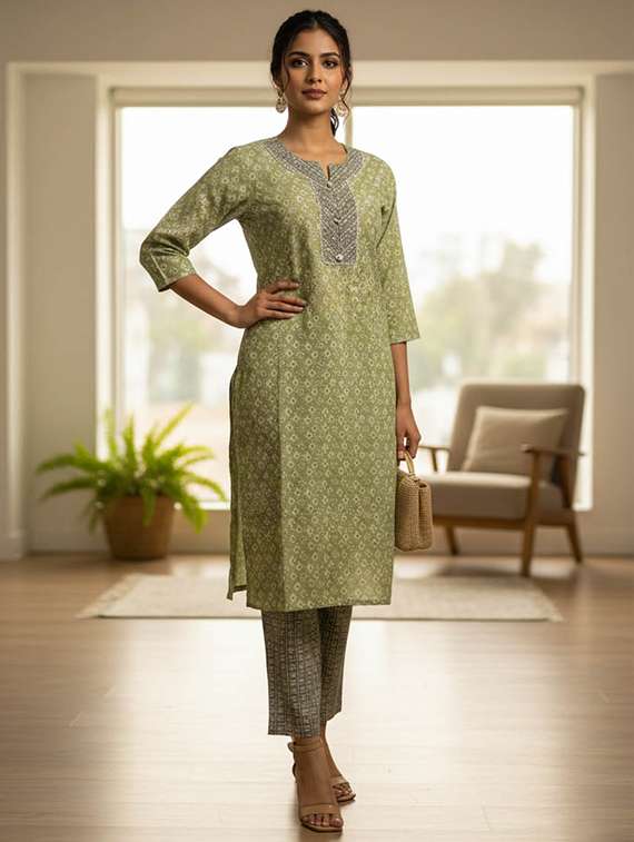 women printed three quarter sleeve kurta and pant set