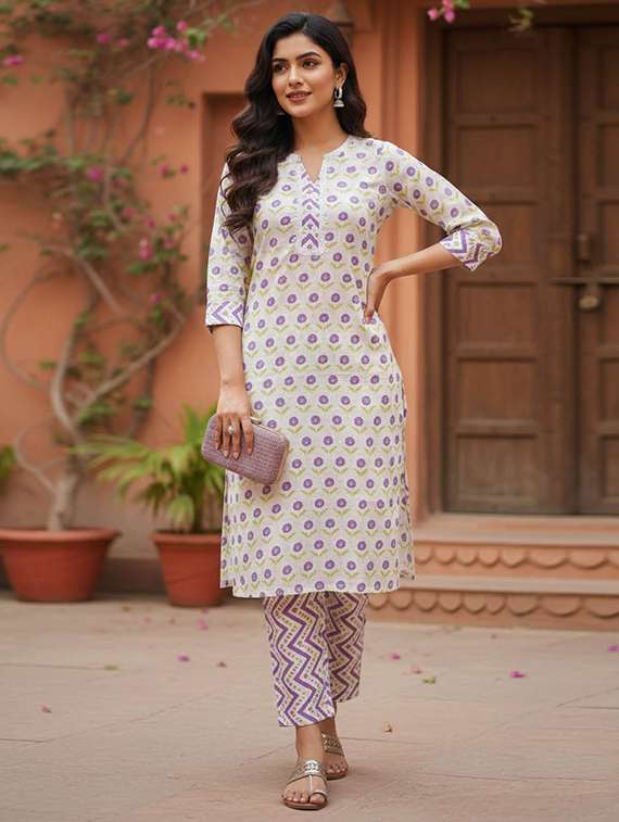 women printed three quarter sleeve kurta and pant set