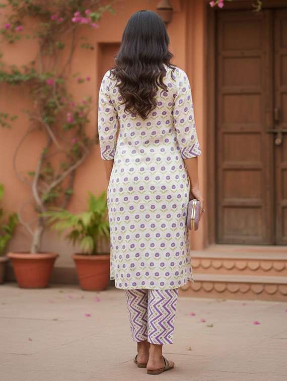 women printed three quarter sleeve kurta and pant set - 22385343 -  Standard Image - 3