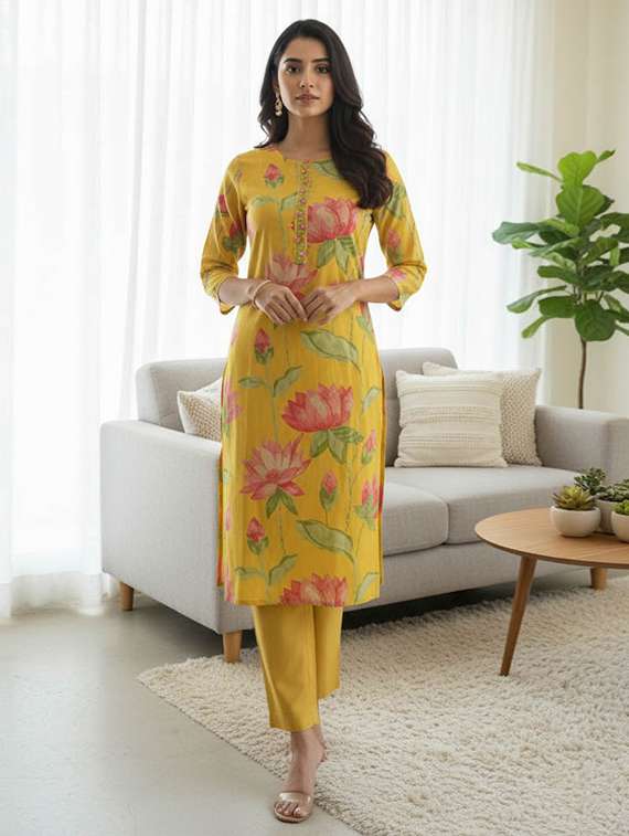 women printed three quarter sleeve kurta and pant set