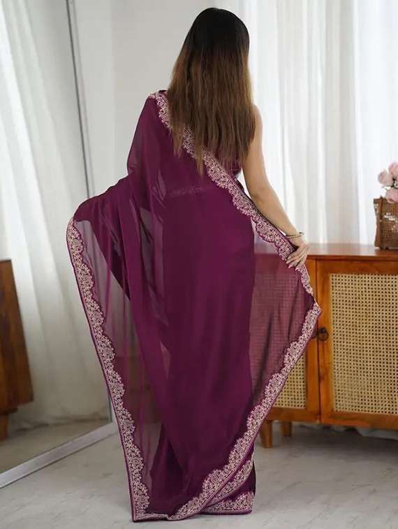 women solid with bordered saree with blouse - 22385426 -  Standard Image - 3