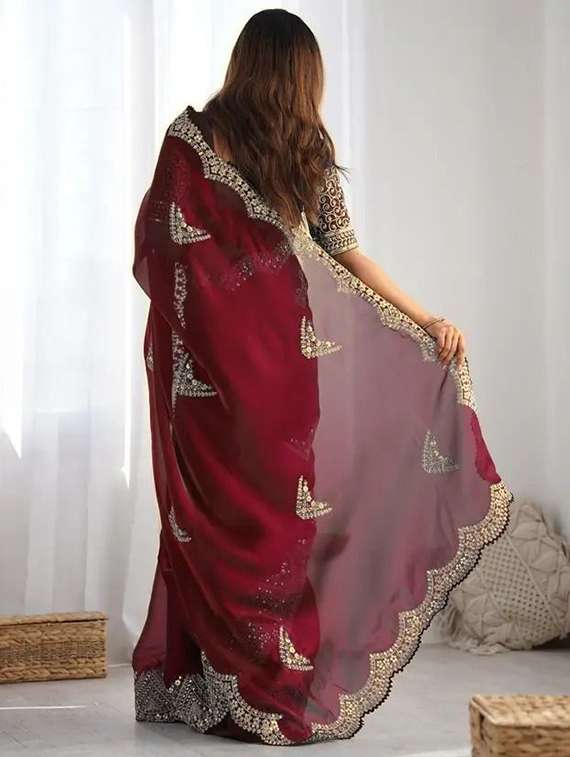 Women Solid With Work Embroidered Saree With Blouse - 22385434 -  Standard Image - 3
