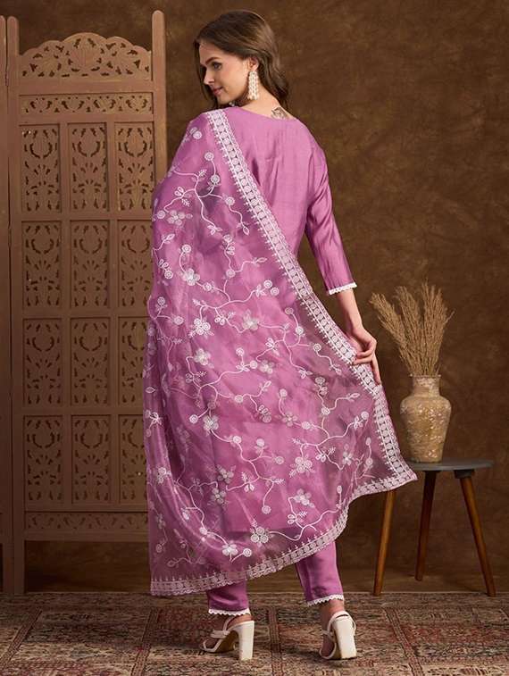 women solid with work three quarter sleeve kurta pant with dupatta set - 22385483 -  Standard Image - 3