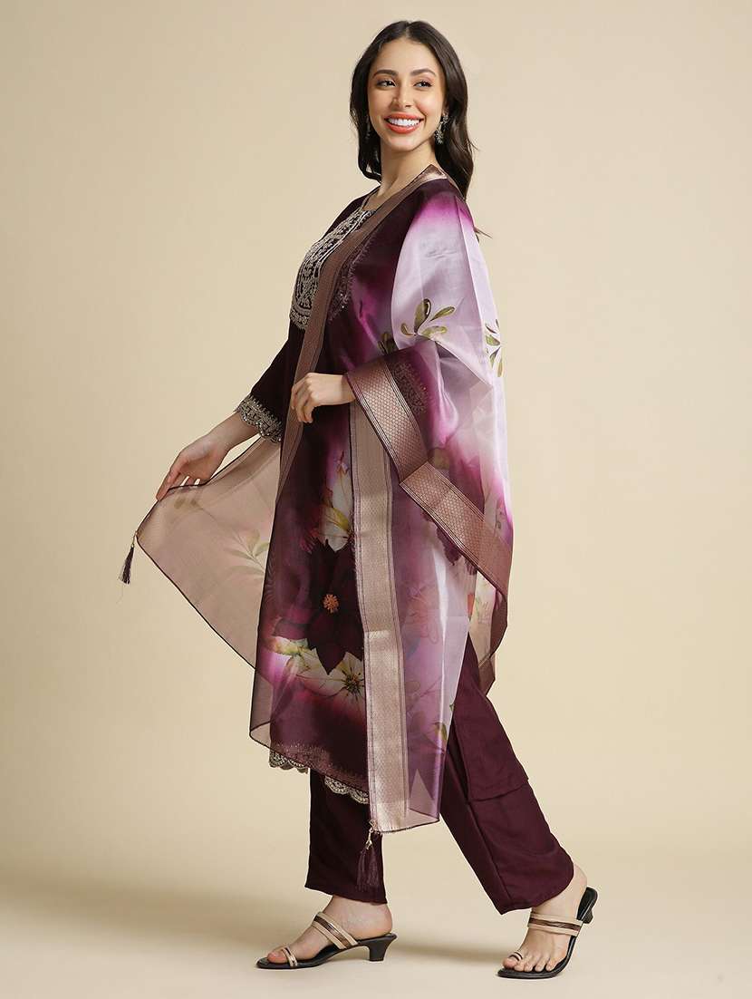 Women Solid With Work Three Quarter Sleeve Kurta Pant With Dupatta Set - 22385488 -  Standard Image - 3