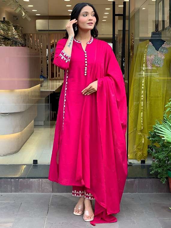 women solid with work three quarter sleeve kurta pant with dupatta set - 22385512 -  Standard Image - 3