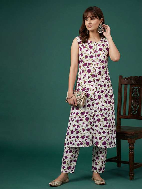 women printed sleeveless kurta pant set