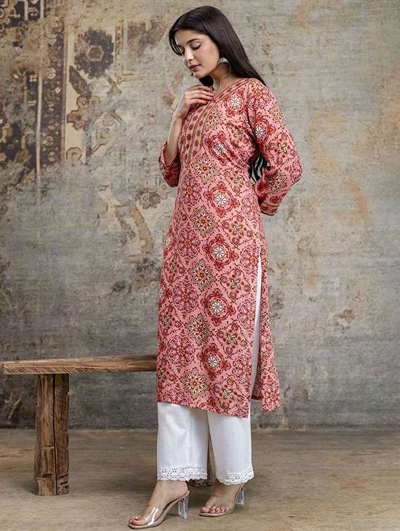 women printed three quarter sleeve straight kurta - 22385549 -  Standard Image - 3