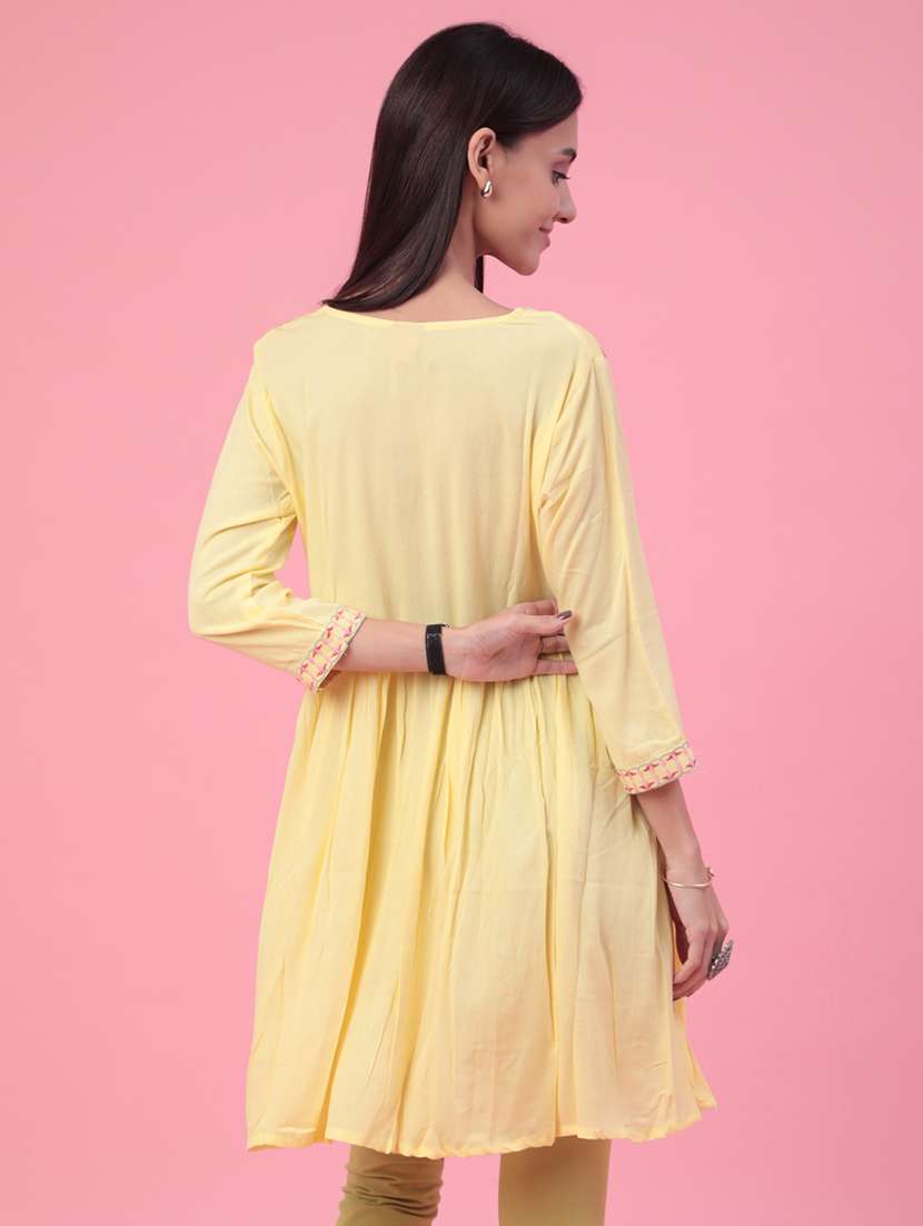 yellow cotton flared kurti - 22385887 -  Standard Image - 3