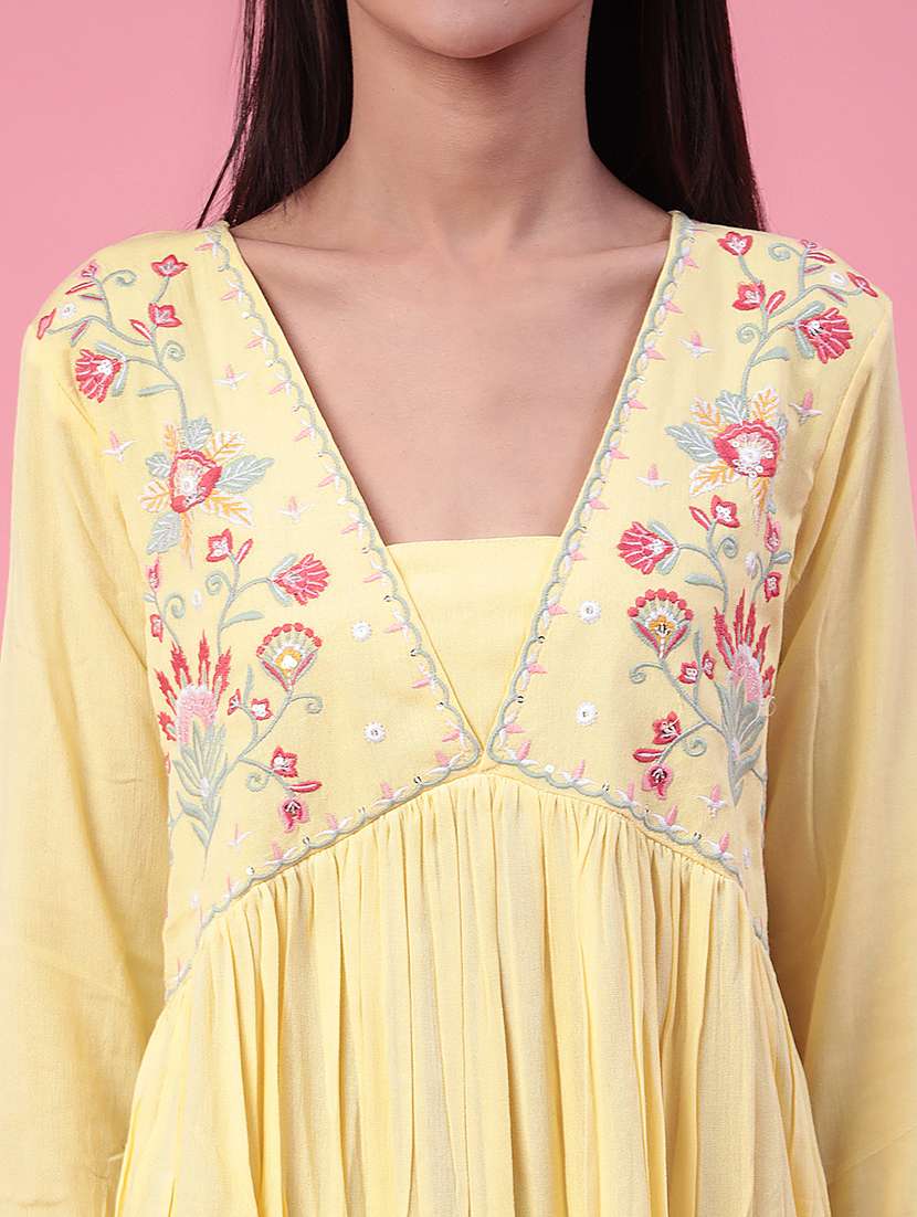 yellow cotton flared kurti - 22385887 -  Standard Image - 5