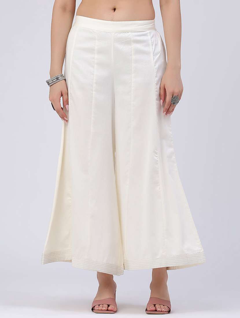 women solid mid rise flared palazzo