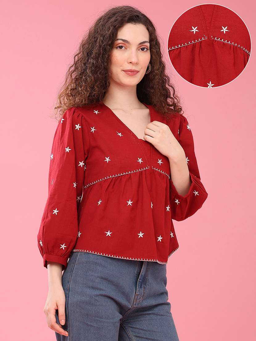 Women Embroidered Three Quarter Sleeves A-line Top - 22385906 -  Standard Image - 3