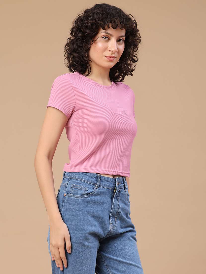 women solid short sleeves crop t-shirt - 22386569 -  Standard Image - 3