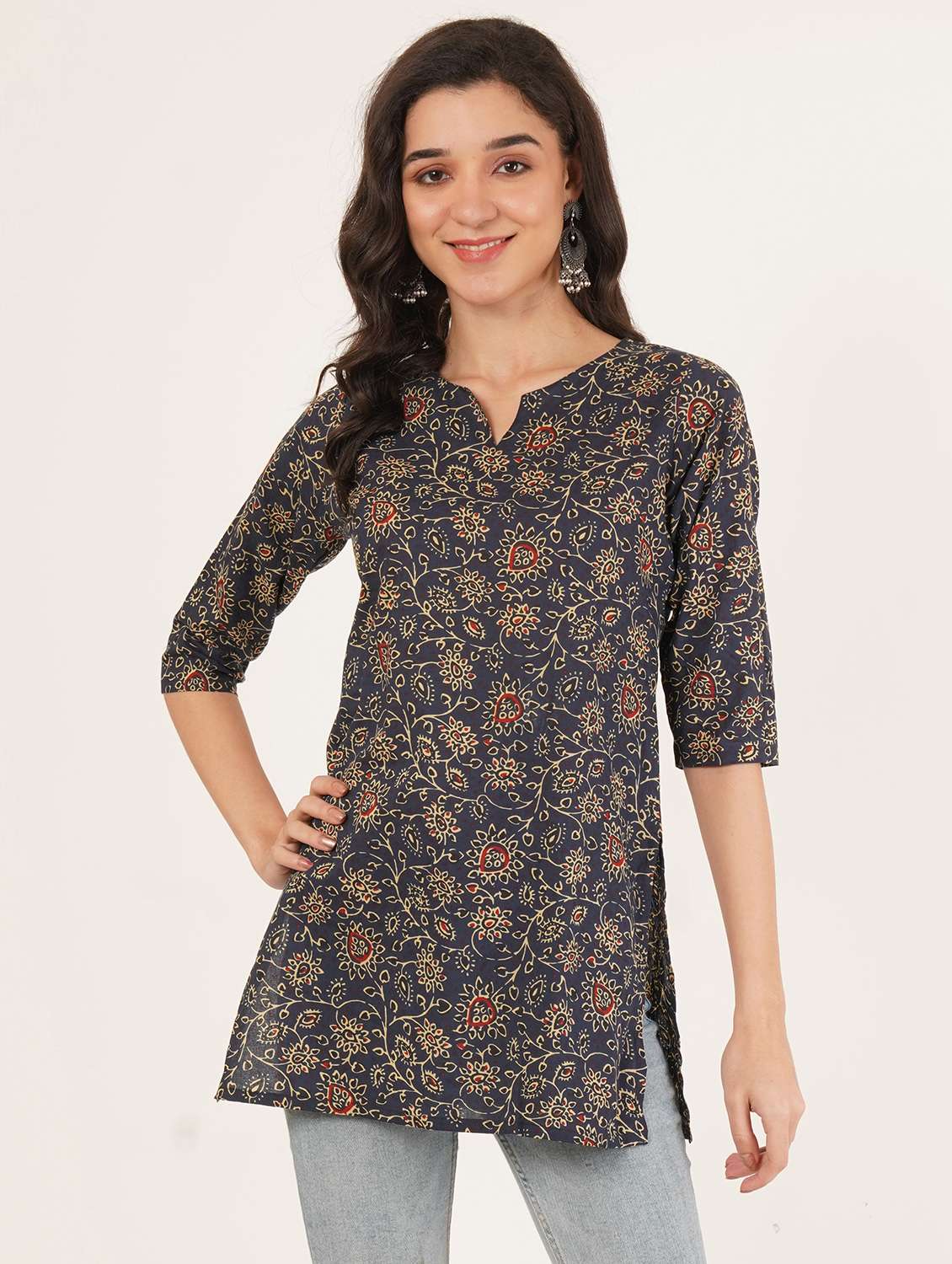 women floral three quarter sleeve straight kurti