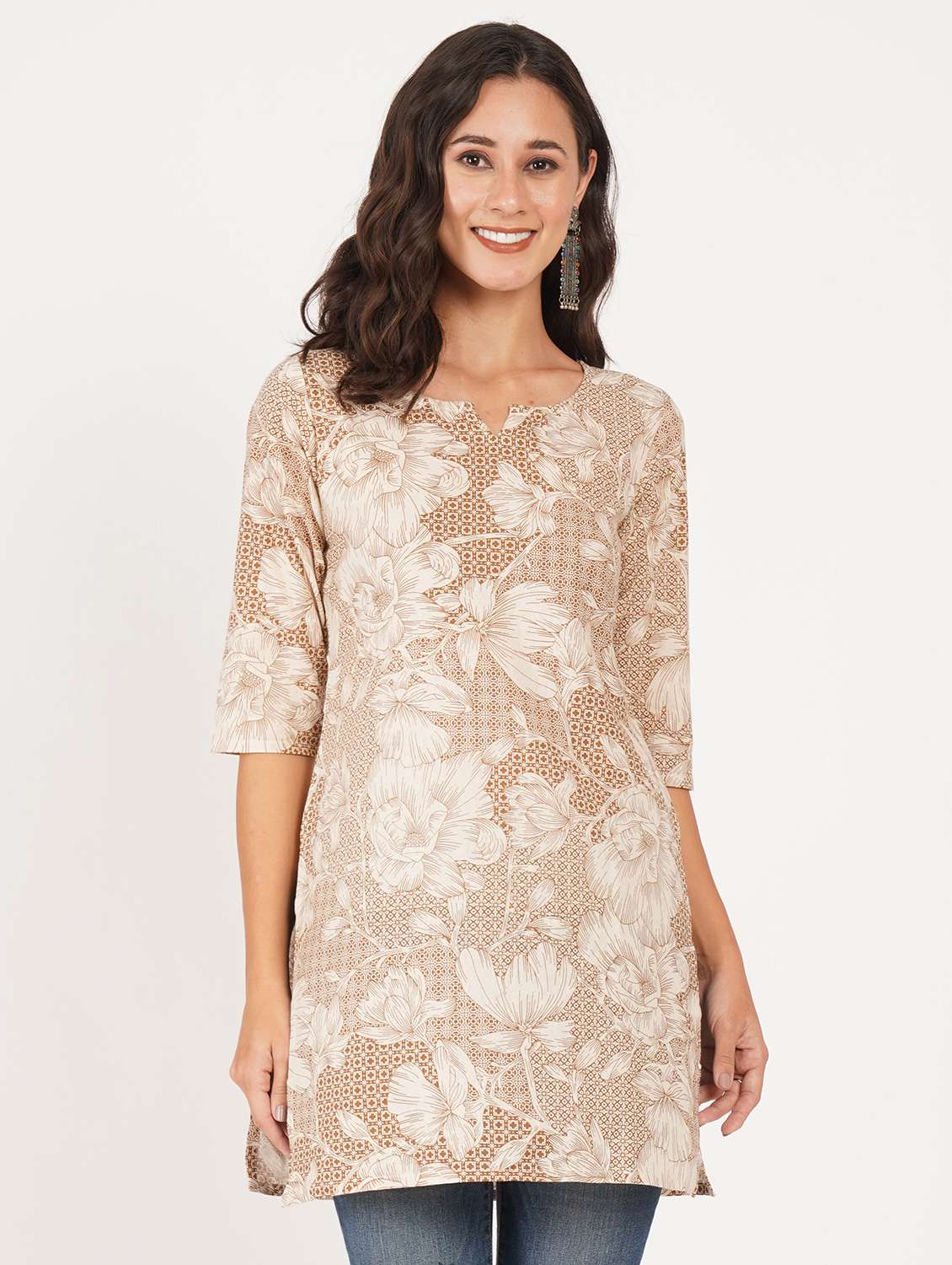 women printed three quarter sleeve straight kurti