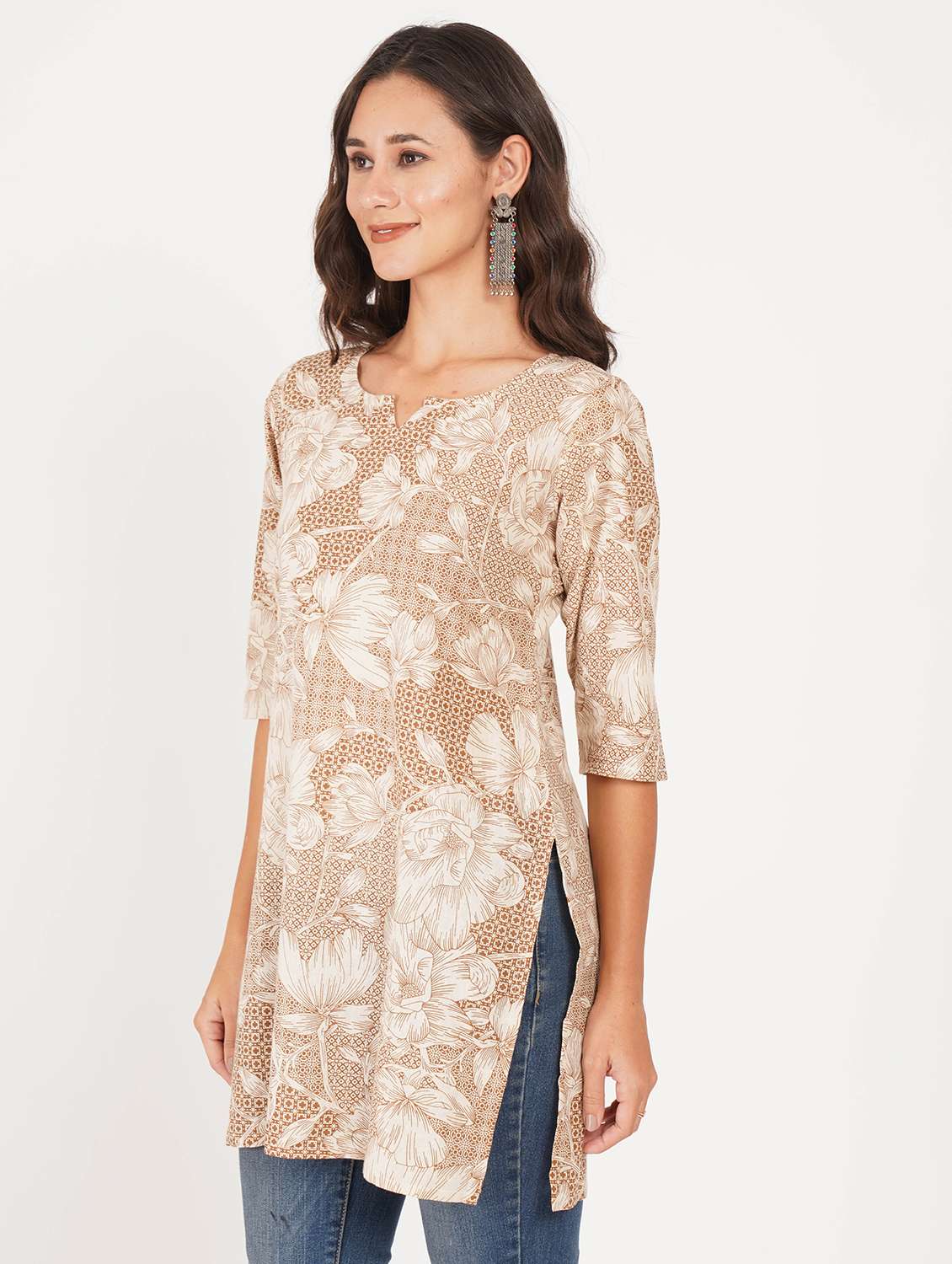 women printed three quarter sleeve straight kurti - 22386955 -  Standard Image - 3