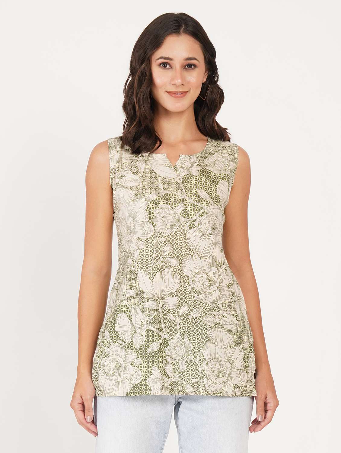 women printed notch neck straight kurti