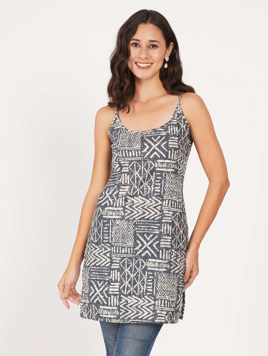 women printed shoulder strap straight kurti