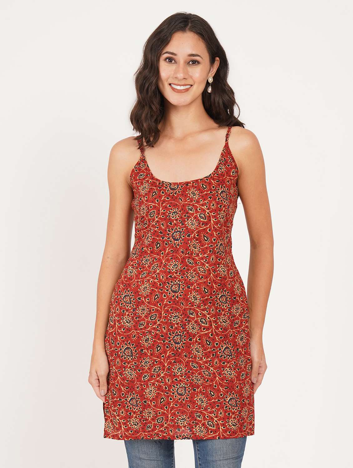 women printed shoulder strap straight kurti